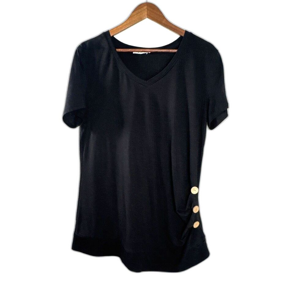 YIDARTON Size XL Women Black Button Design Short Sleeve V-Neck Top